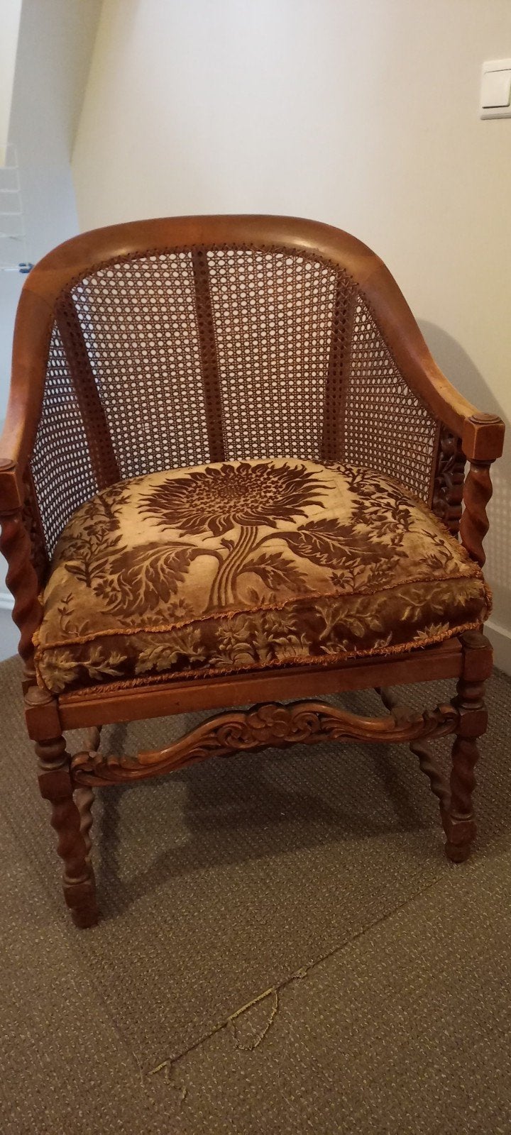 Antieke houten stoel (Bergère) met webbing., Ophalen