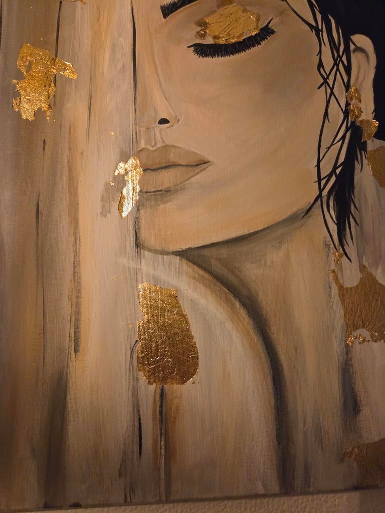 Schilderij met gezicht en goudfolie, Antiek en Kunst, Ophalen of Verzenden