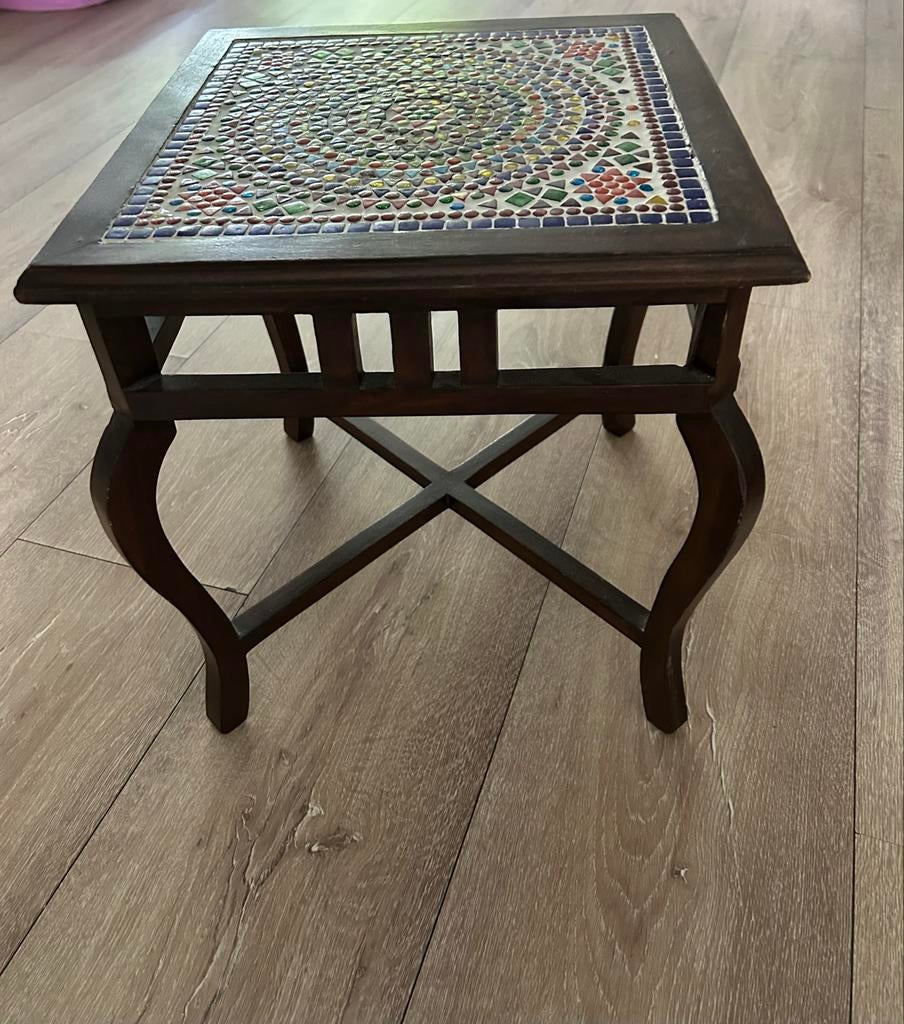 Bijzettafel met mozaïek blad - Hout en glas, Ophalen