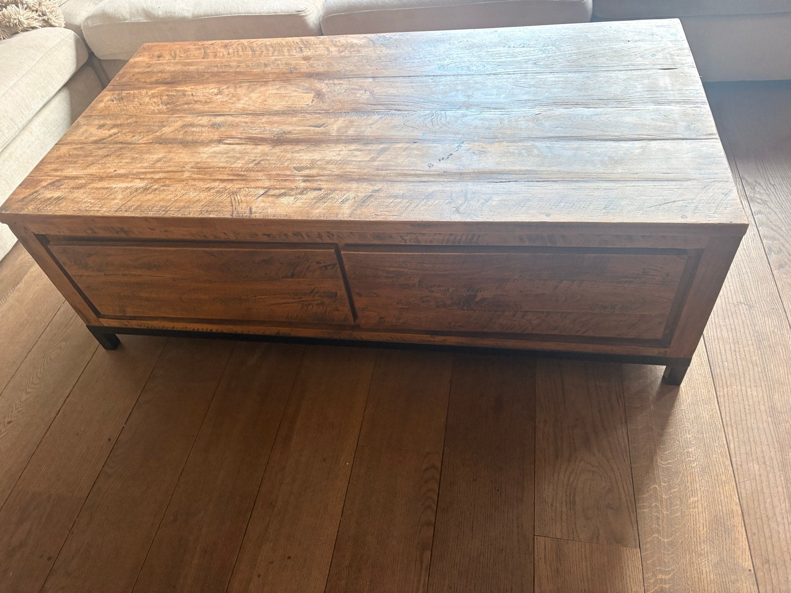Robuuste houten salontafel met lades, Ophalen, Gebruikt, 50 tot 100 cm, 100 tot 150 cm