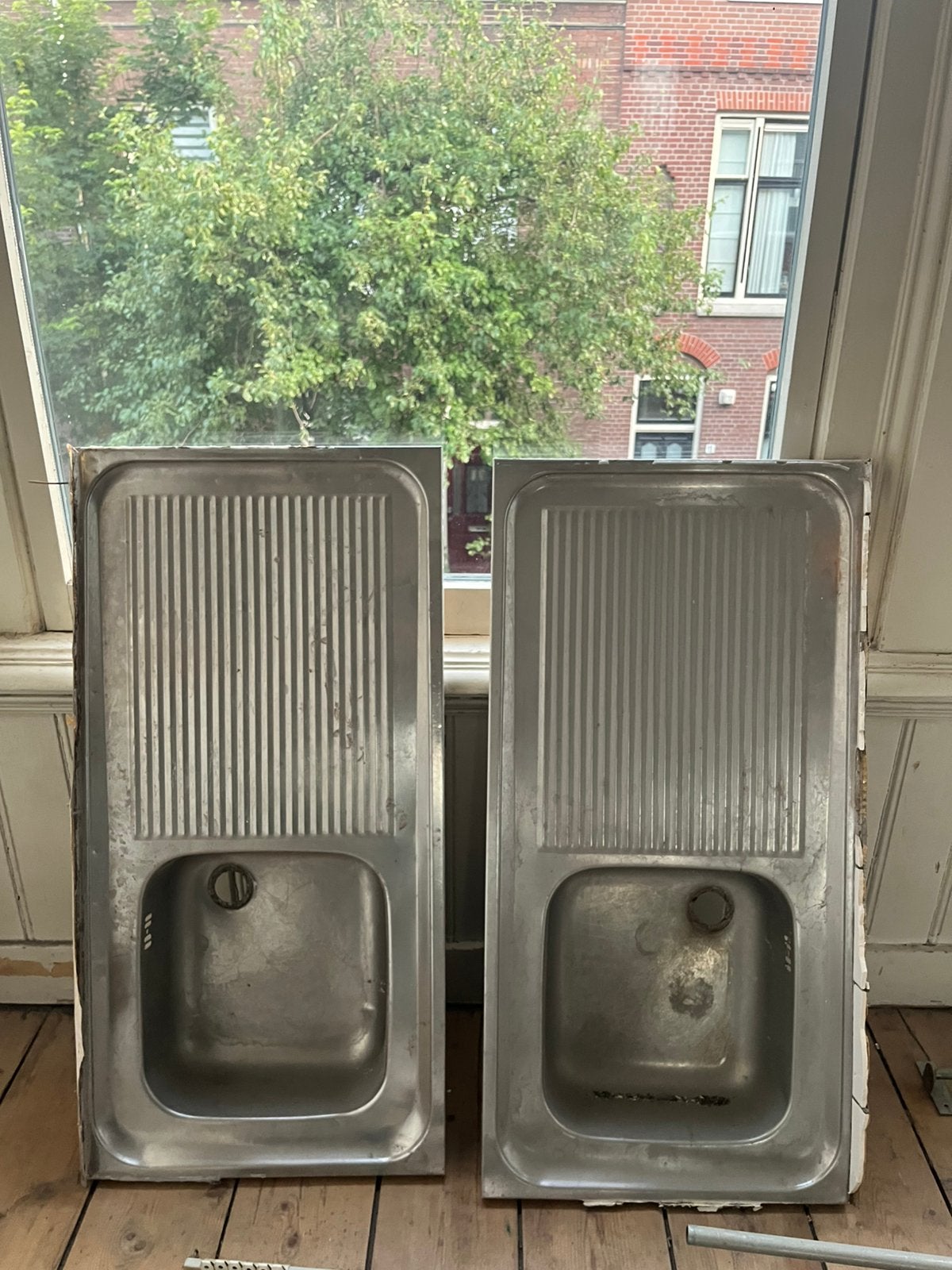Rvs aanrechtbladen, 2 stuks, Huis en Inrichting, Keuken | Keukenelementen, Minder dan 50 cm, Gebruikt, Ophalen of Verzenden, Minder dan 100 cm
