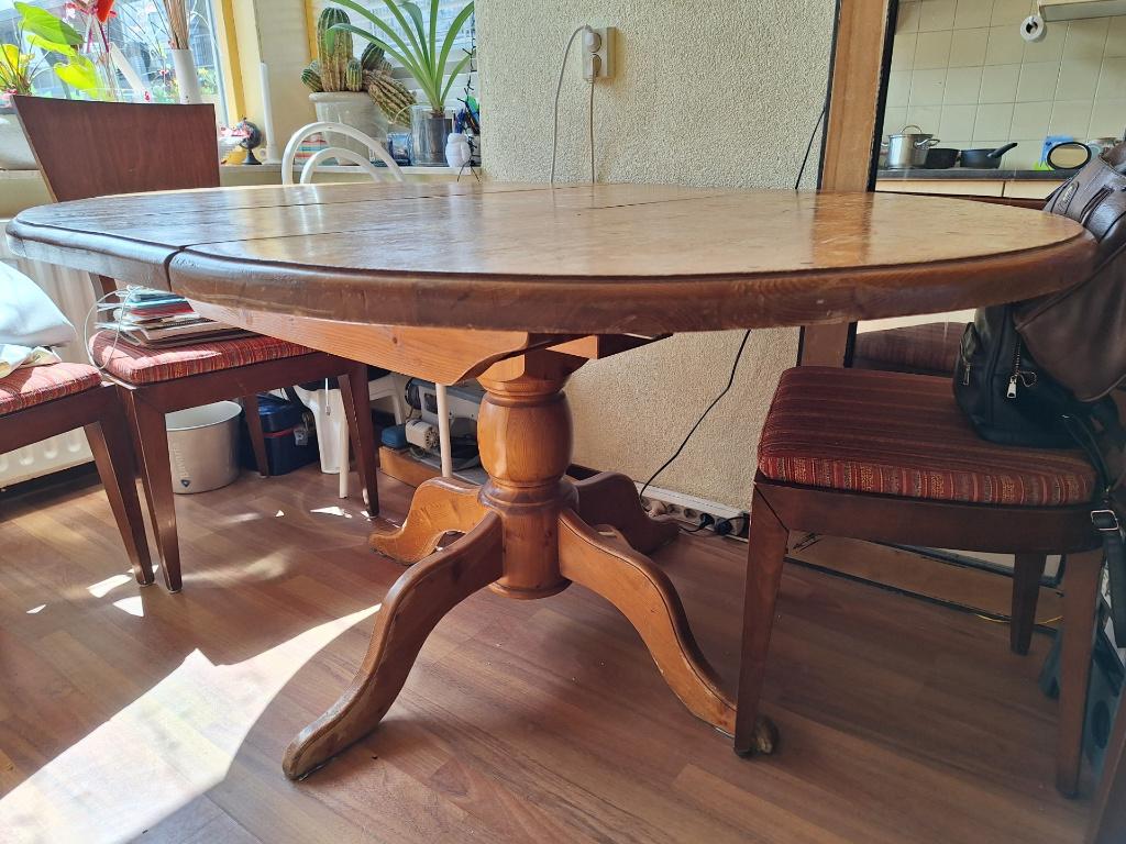 Ronde eetkamertafel met uitschuifbaar tafelblad, Huis en Inrichting, Ophalen, Gebruikt, Rond, Overige houtsoorten