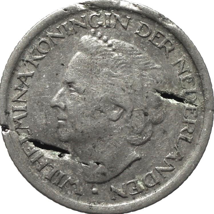 Nederland 25 cent 1948 (misslag, "metaalfout"), Ophalen of Verzenden, Koningin Wilhelmina, 25 cent, Losse munt
