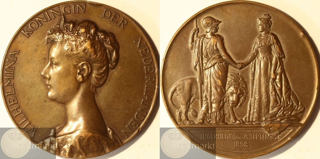 Historiepenning 1898 'Inhuldiging Koningin Wilhelmina', Ophalen of Verzenden, Brons, Nederland