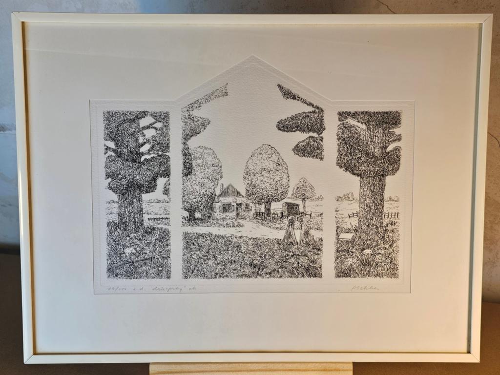 Ingelijste ets 'Driesprong' van Ferdinand Sikken , genummerd, Ingelijst, Ophalen of Verzenden, Landschap, 1950 - 1999