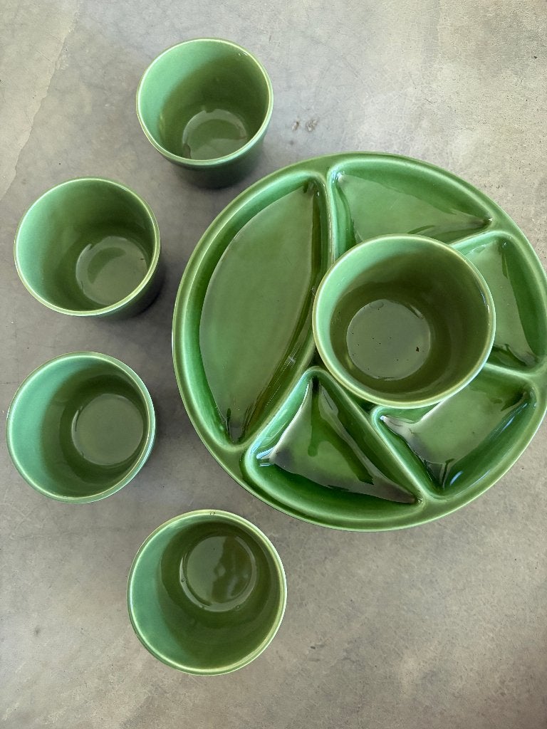 Vintage fondueborden en dipschaaltjes groen set 10 delig, Ophalen of Verzenden, Glas, Overige stijlen