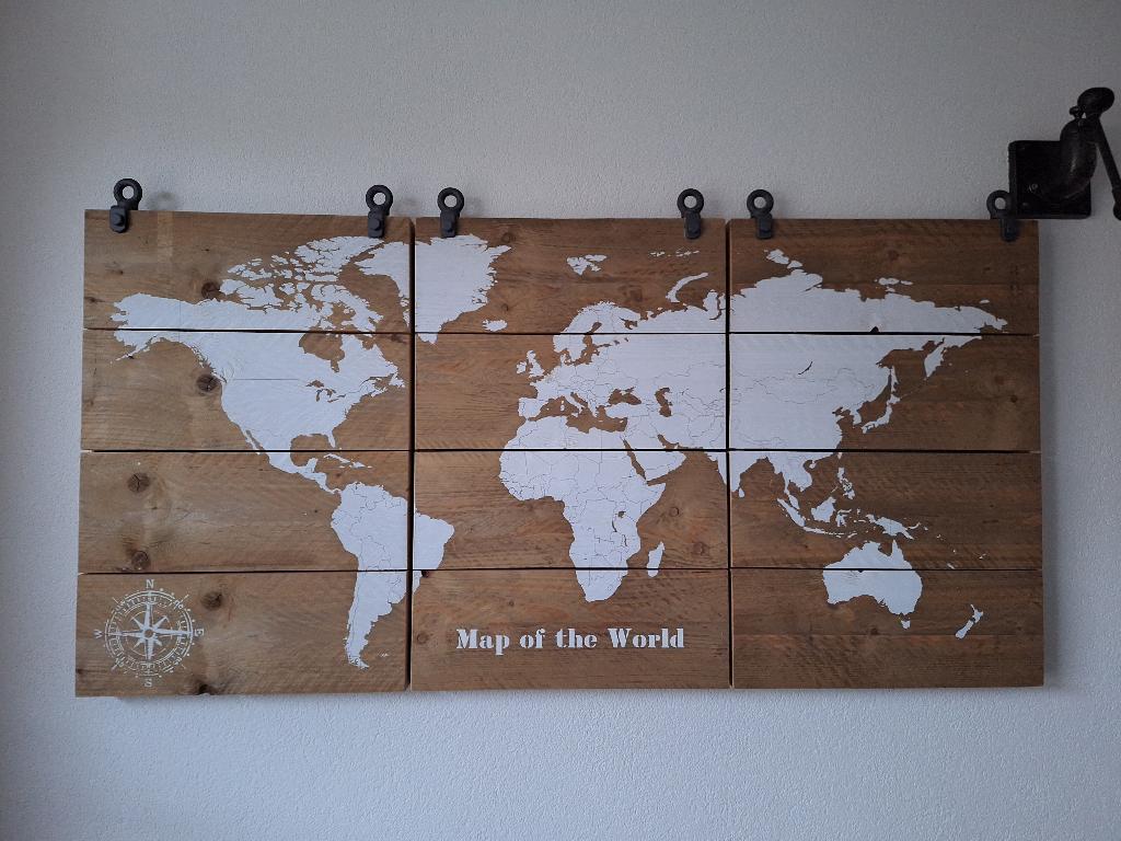 3 luik wereldkaart hout, Ophalen, Zo goed als nieuw, 100 tot 125 cm, Schilderij