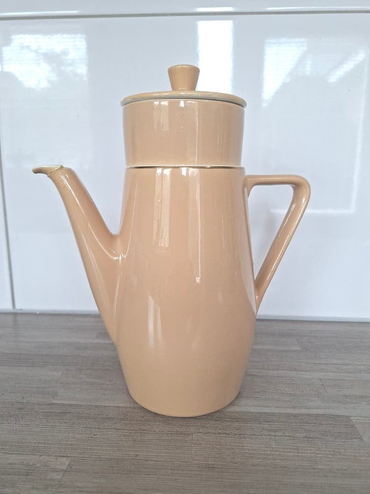 Vintage Douwe Egberts theepot/koffiepot met filter - Crème/B, Gebruikt, Ophalen of Verzenden, Steen/keramiek, Overige merken