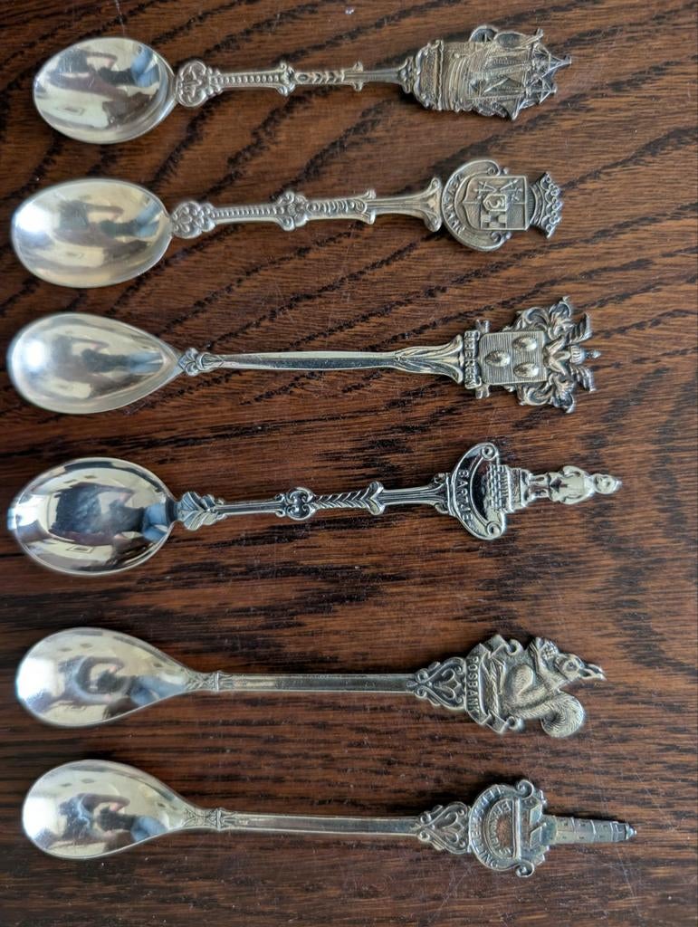 Set van 6 (deels) verzilverde Theelepeltjes met Plaatsnamen, Ophalen of Verzenden