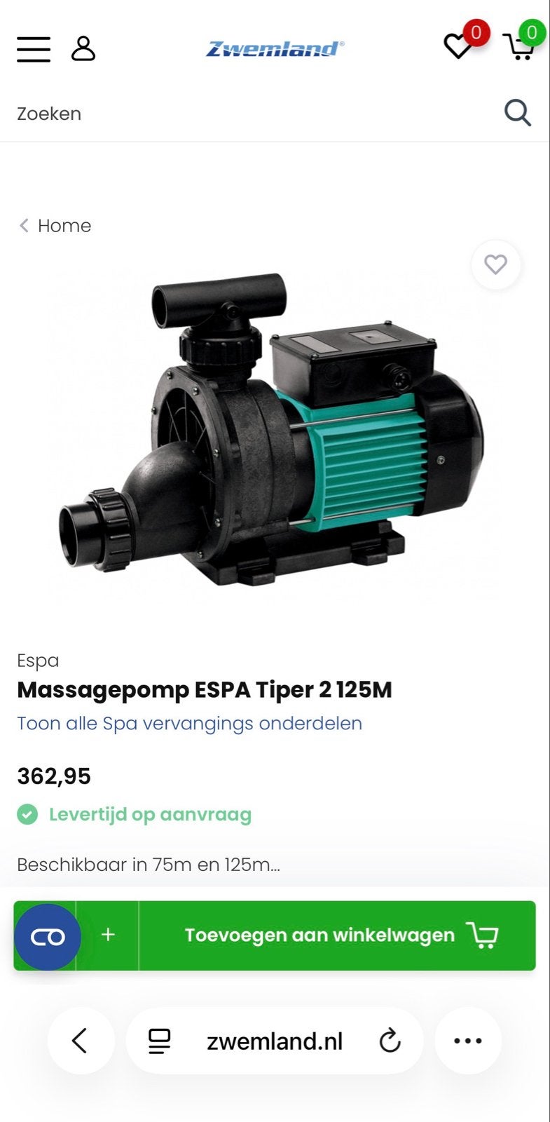Espa Massagepomp Tiper 2 125M voor whirlpool/jacuzzi, Ophalen of Verzenden, Nieuw, Zwembadpomp