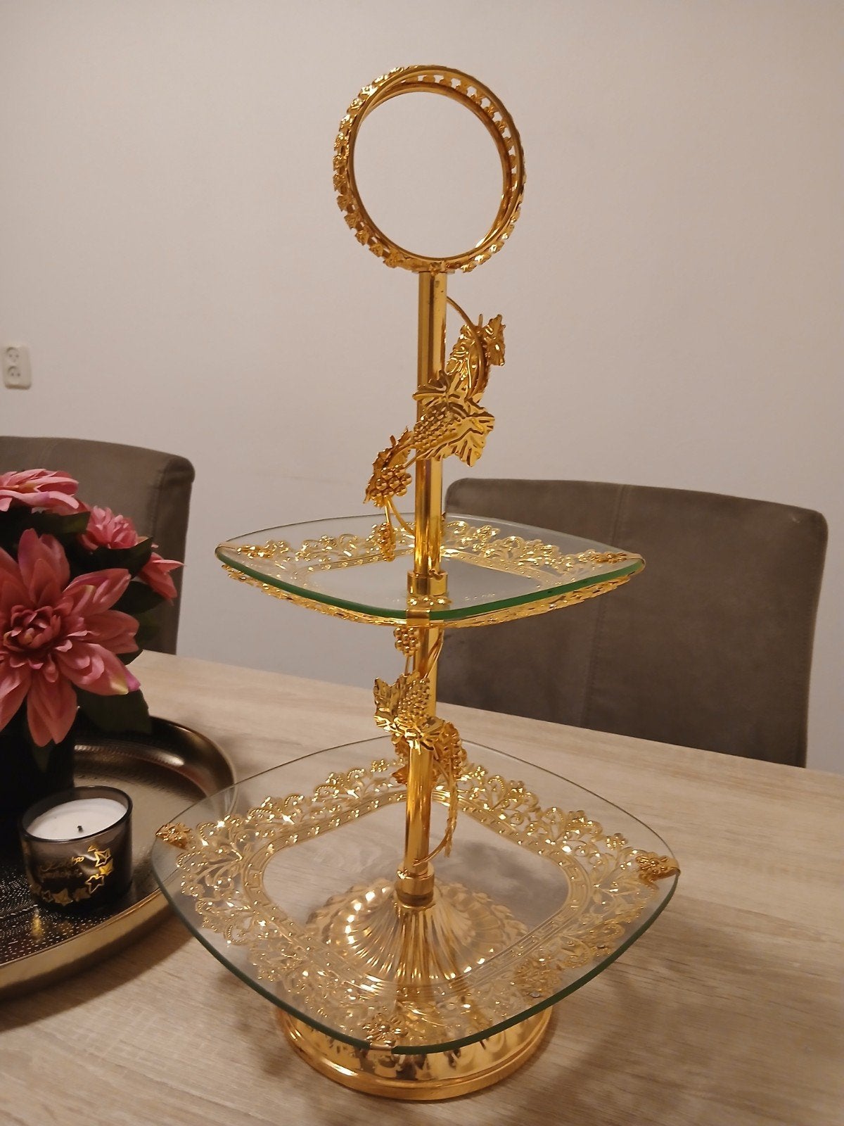 Luxe Gouden Etagère met Glazen Schalen - 2 Laags, Ophalen, Klassiek, Zo goed als nieuw, Goud