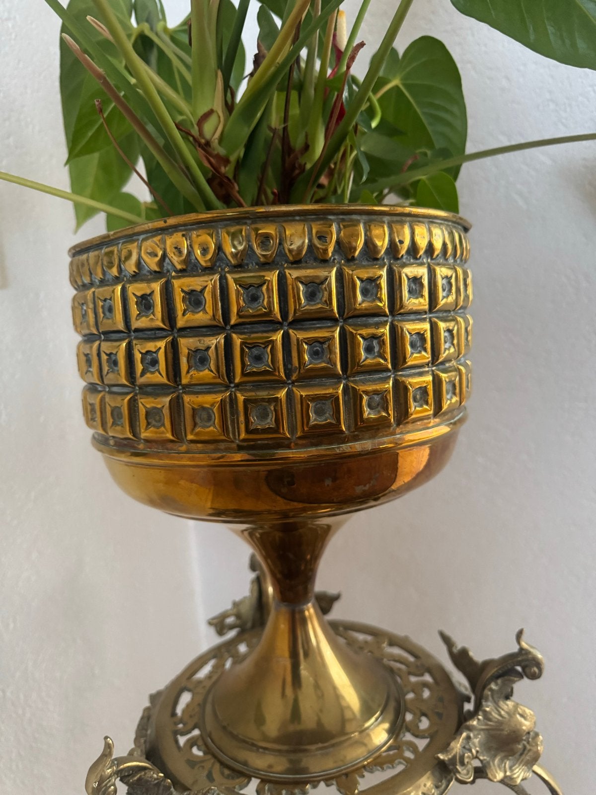 Vintage messing pot met Flamingoplant, Huis en Inrichting, Woonaccessoires | Overige, Ophalen, Vintage, Gebruikt, Goud