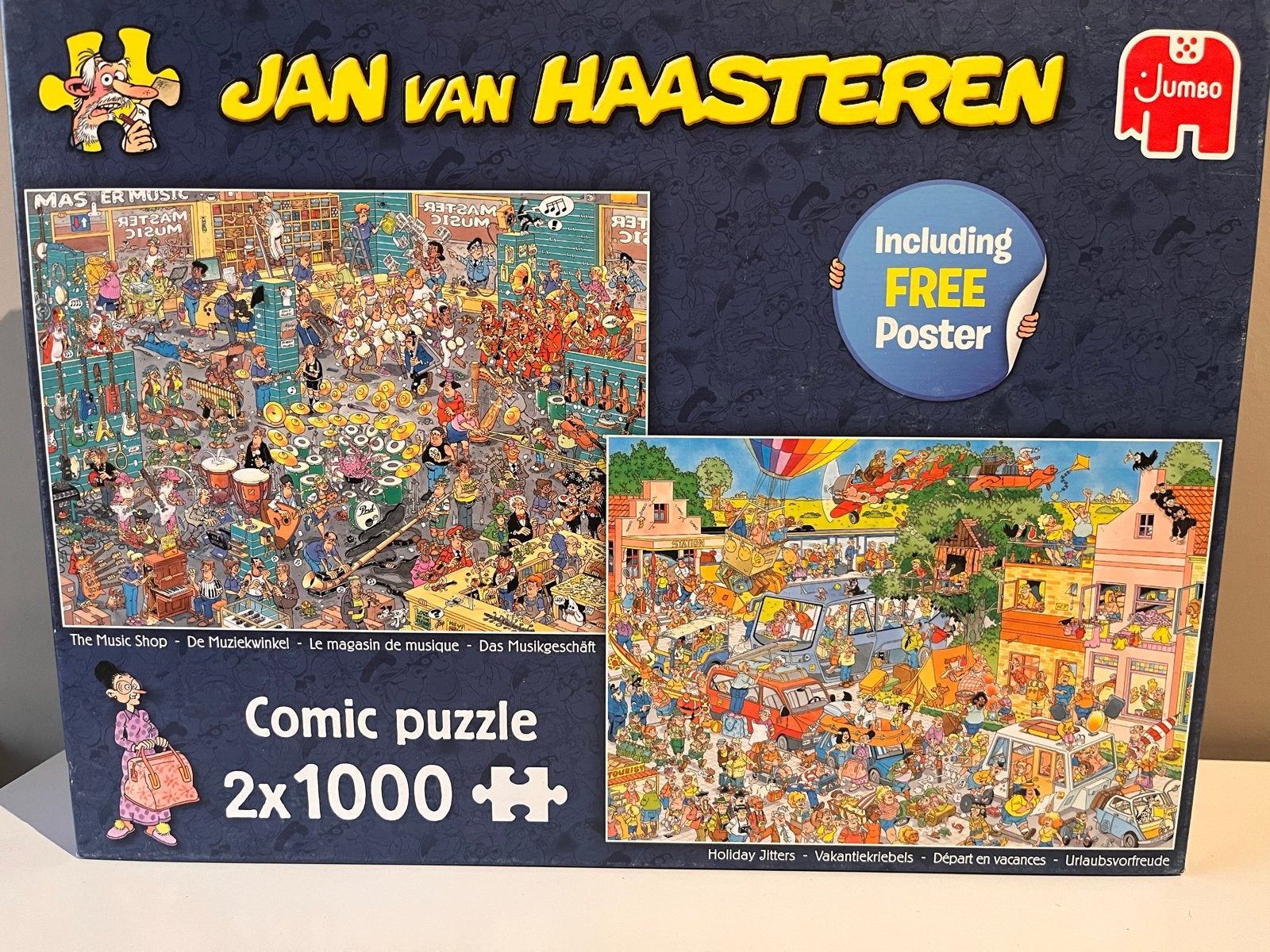Jan van Haasteren 2x1000 stukjes - De Muziekwinkel & Vakanti, Ophalen of Verzenden, 500 t/m 1500 stukjes, Zo goed als nieuw, Legpuzzel