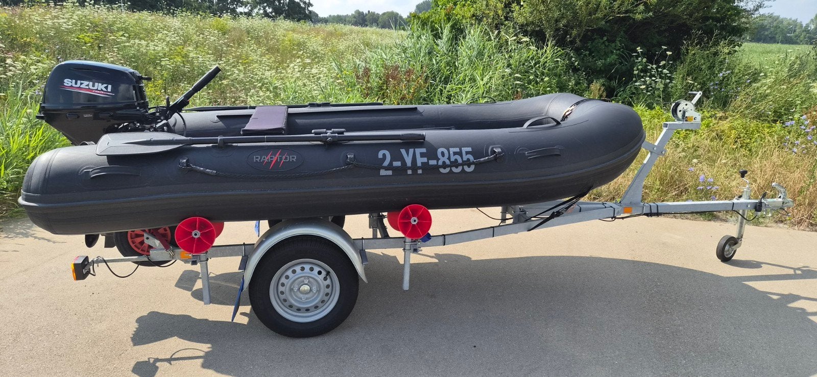 Raptor xtreme carbon Alu 330 met Suzuki DF15A op trailer, Watersport en Boten, Ophalen, Aluminium, Inclusief motor, 15 pk