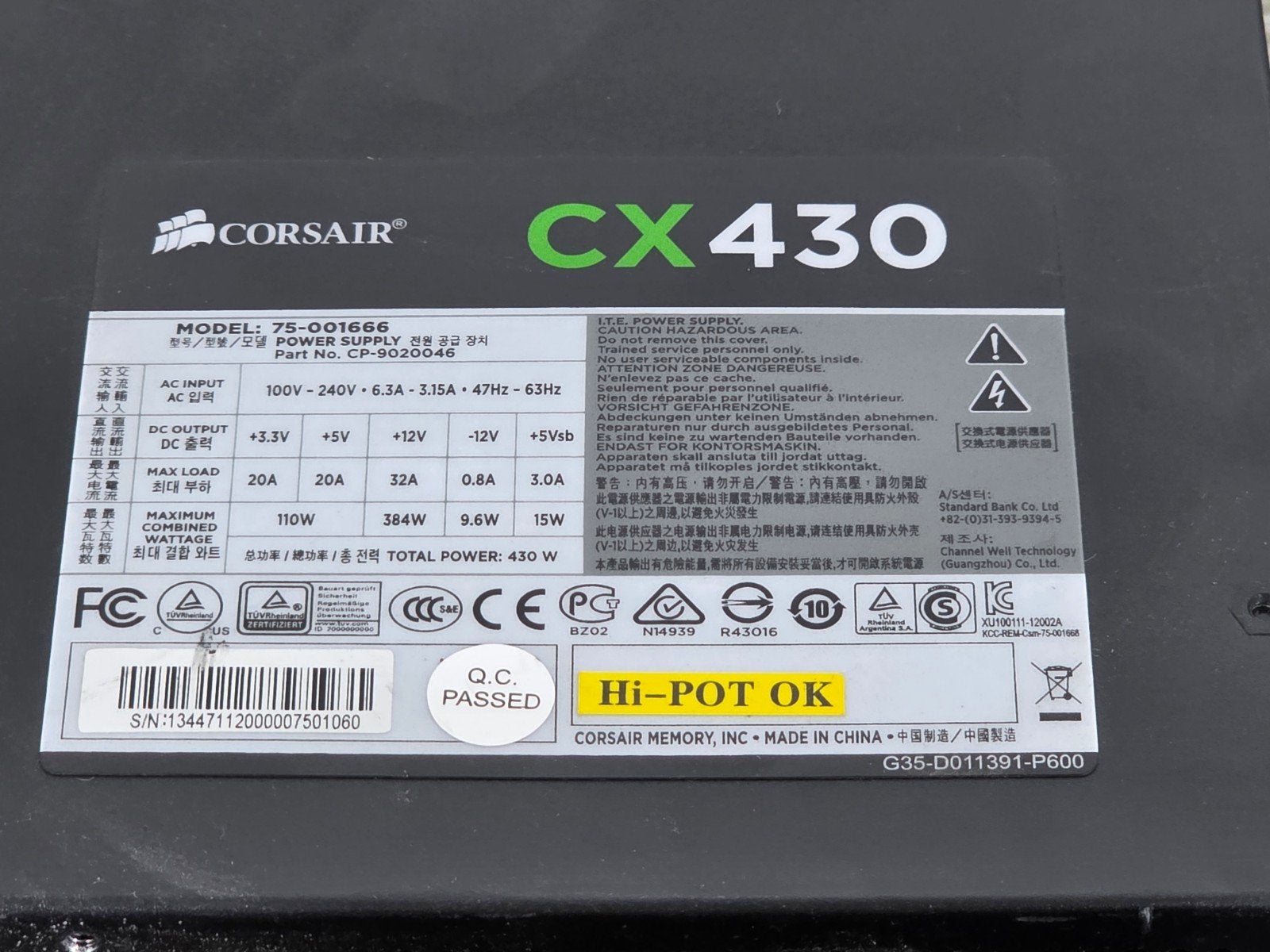 Corsair 430w max voeding psu power supply cx430 75-001666, Gebruikt, ., Ophalen of Verzenden, .