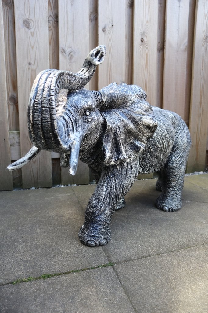Olifant beeld antiek zilver 82 cm| tuinbeeld & woondecoratie, Dierenbeeld, Kunststof, -, -