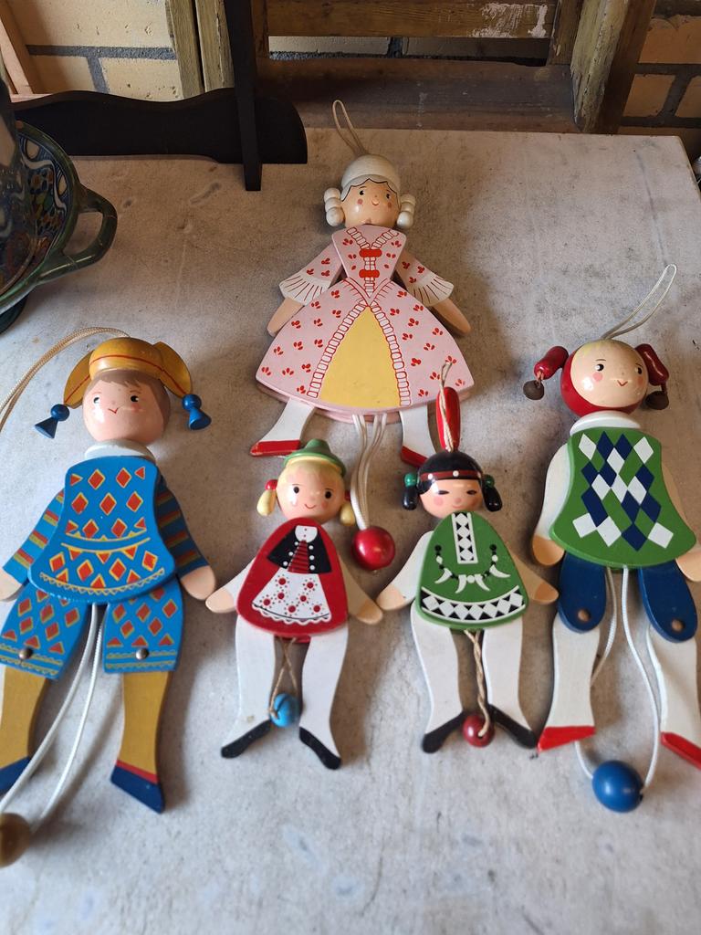 5 Vintage Houten Italiaanse Trekpoppen van Sevi, Ophalen of Verzenden, Gebruikt, Jongen of Meisje
