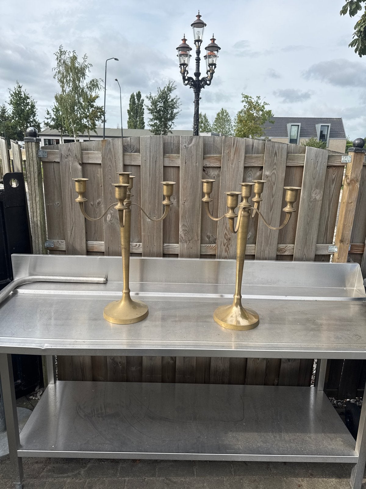 Set van 2 Antieke zware Messing Kandelaren - 5-armig, Ophalen, Koper of Brons