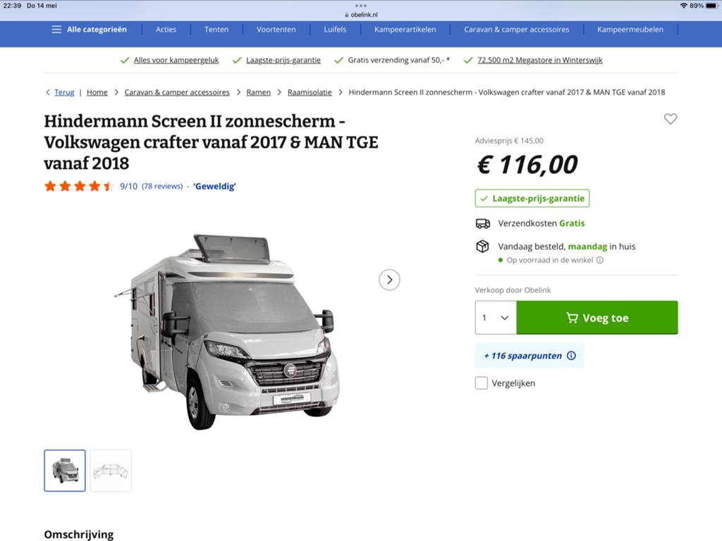 Hindermann Screen II zonnescherm voor MAN TGE camper, Caravans en Kamperen, Camper-accessoires, Ophalen of Verzenden, Zo goed als nieuw
