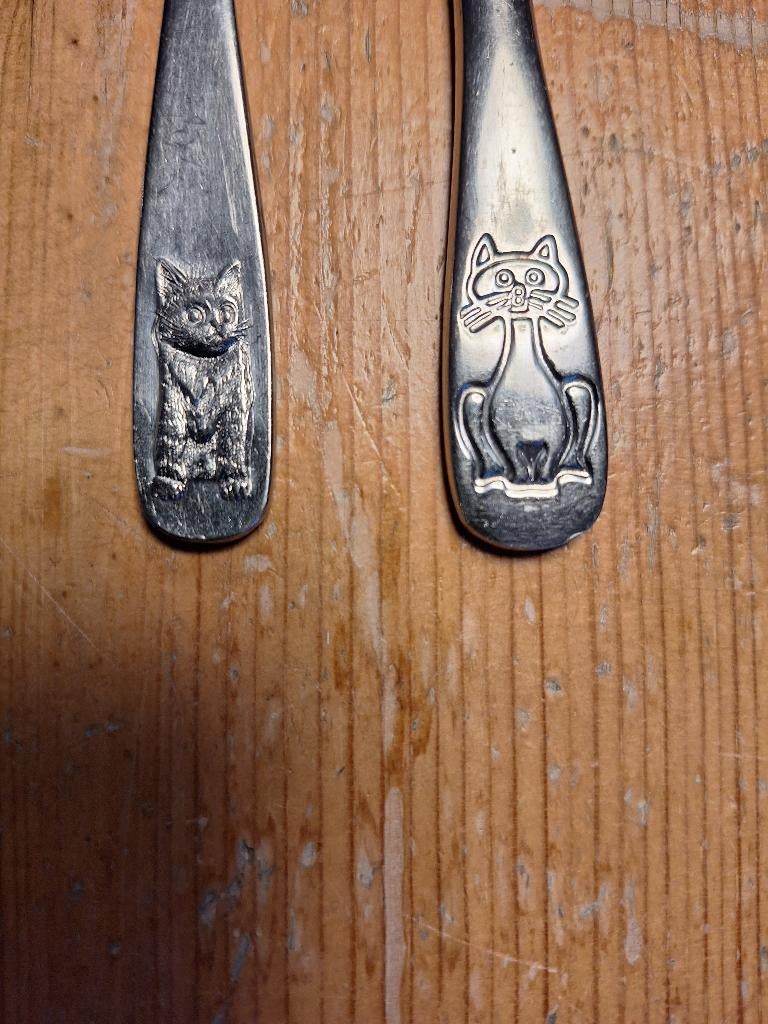 kinderbestek met kat poes vork mes, Ophalen of Verzenden, Gebruikt, Rvs of Chroom