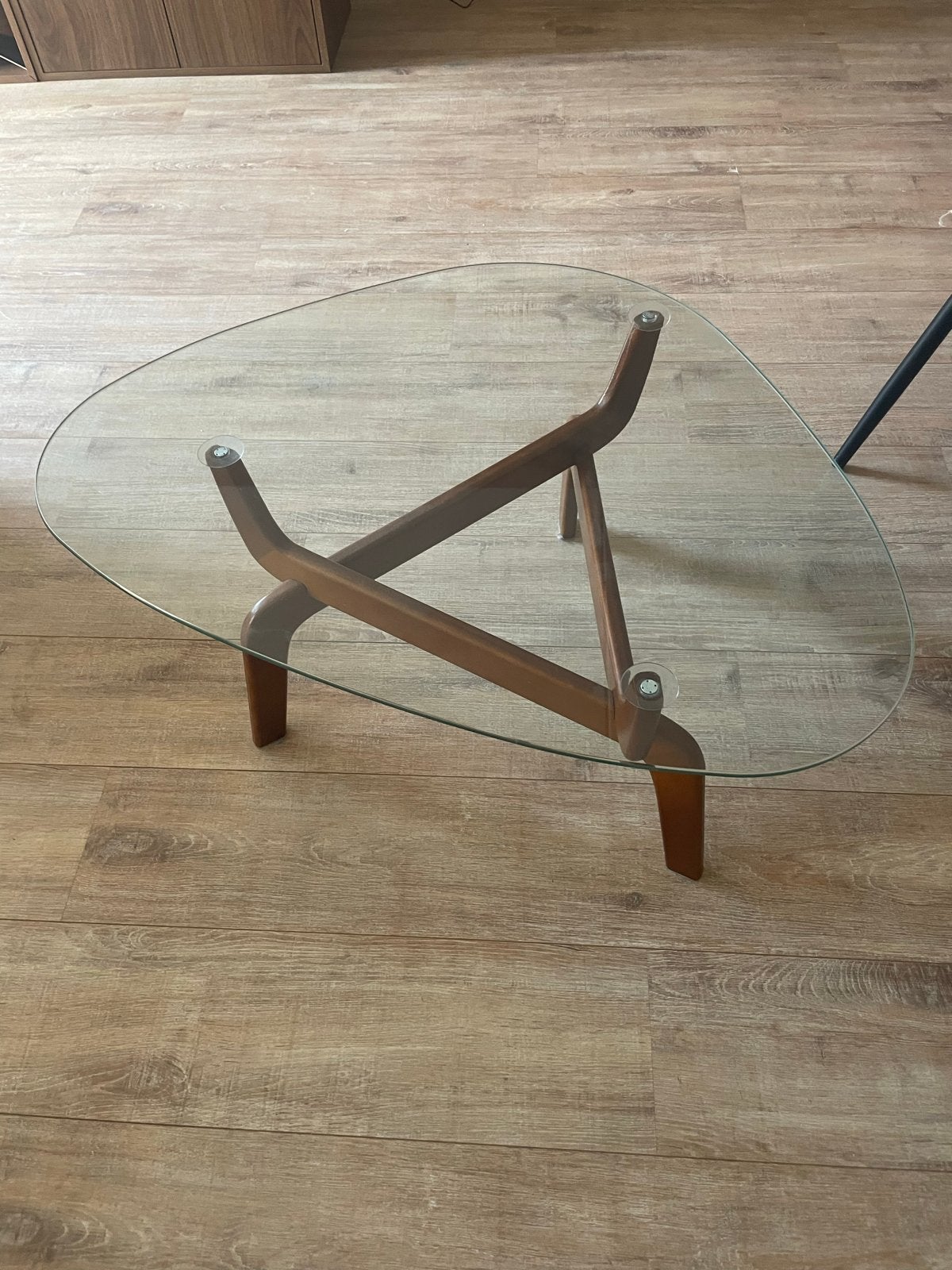 Glazen salontafel met houten onderstel, Ophalen, Gebruikt, 50 tot 100 cm, Glas