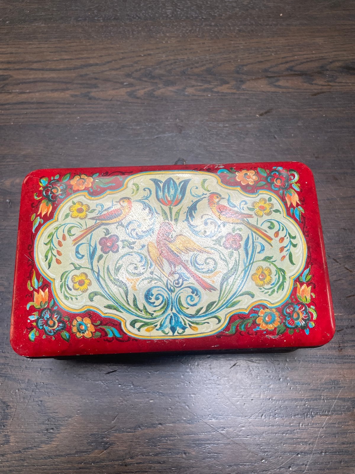 Vintage blikken doos met vogel- en bloemmotief, Ophalen of Verzenden