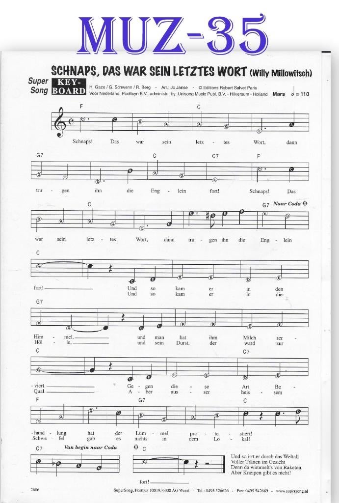 Muz35 bladmuziek super song -Willy Millowitsch, Muziek en Instrumenten, Orgel, Ophalen of Verzenden, Zo goed als nieuw, Artiest of Componist