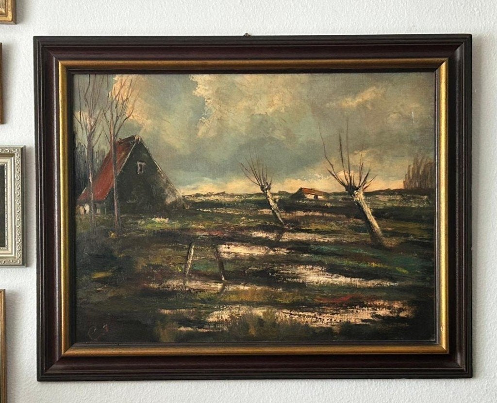 Landschap met boerderijen en knotwilgen – Olieverf op doek, Antiek en Kunst, Ophalen, Doek, Impressionistisch, Gesigneerd