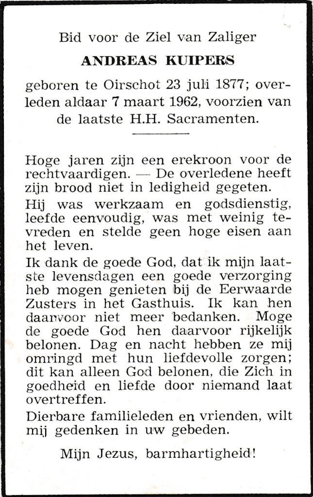 Kuipers Andreas 1877 Oirschot 1962, Ophalen of Verzenden, Bidprentje