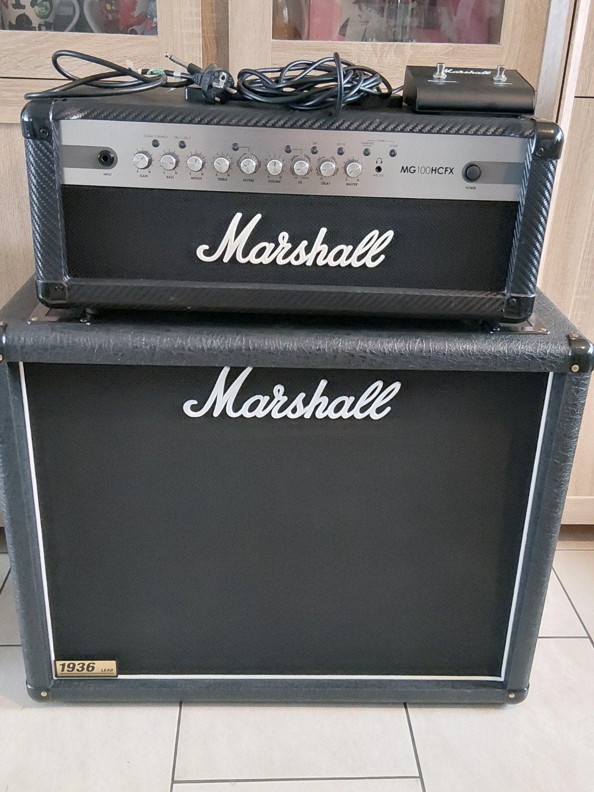 Marshall MG100HCFX Top met 1936 2x12 Cabinet, Ophalen, Gebruikt, 100 watt of meer
