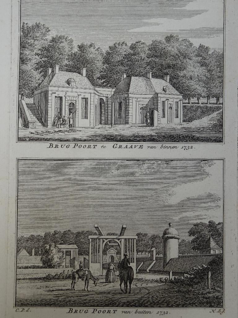 gravure Brugpoort te Grave binnen en buiten in 1732 Brabant, Verzenden, Stadsgezicht, Gravure, Origineel