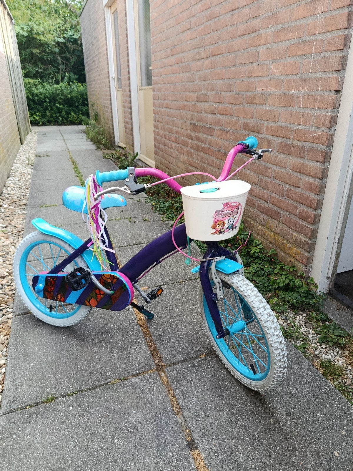 Meisjesfiets 16 inch - Paars/Blauw met mandje, Ophalen, Terugtraprem, Gebruikt, Handrem