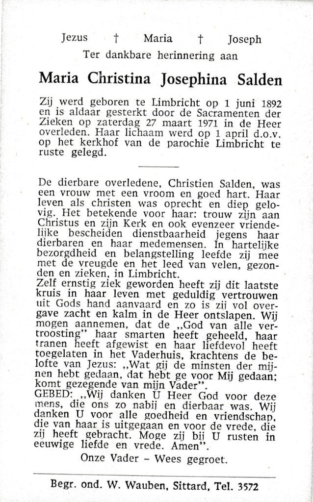 Salden Maria 1892 Limbricht 1971, Ophalen, Bidprentje