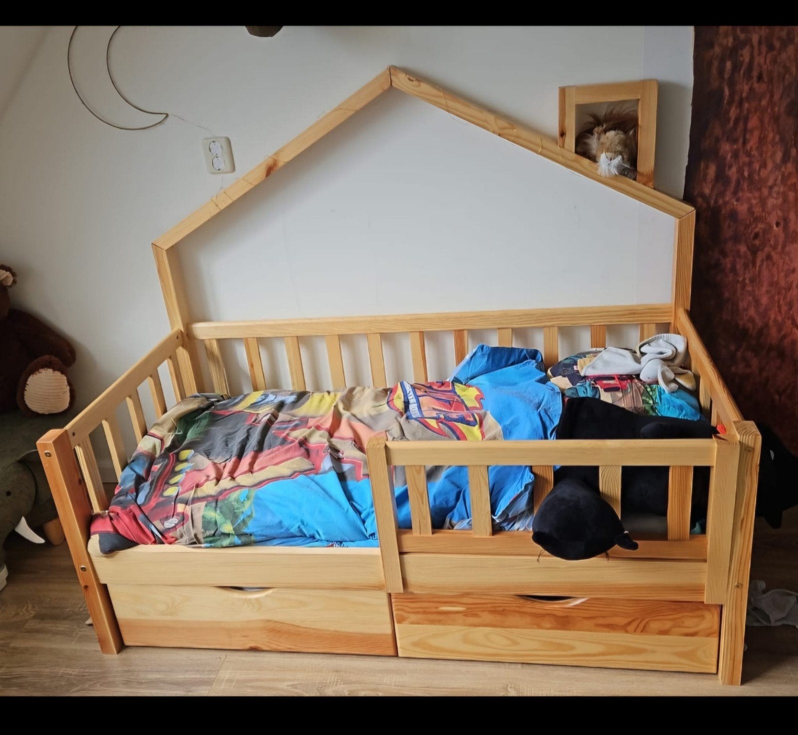 Houten kinderbed met huisframe en lades, Ophalen, Gebruikt, 70 tot 85 cm, 140 tot 160 cm
