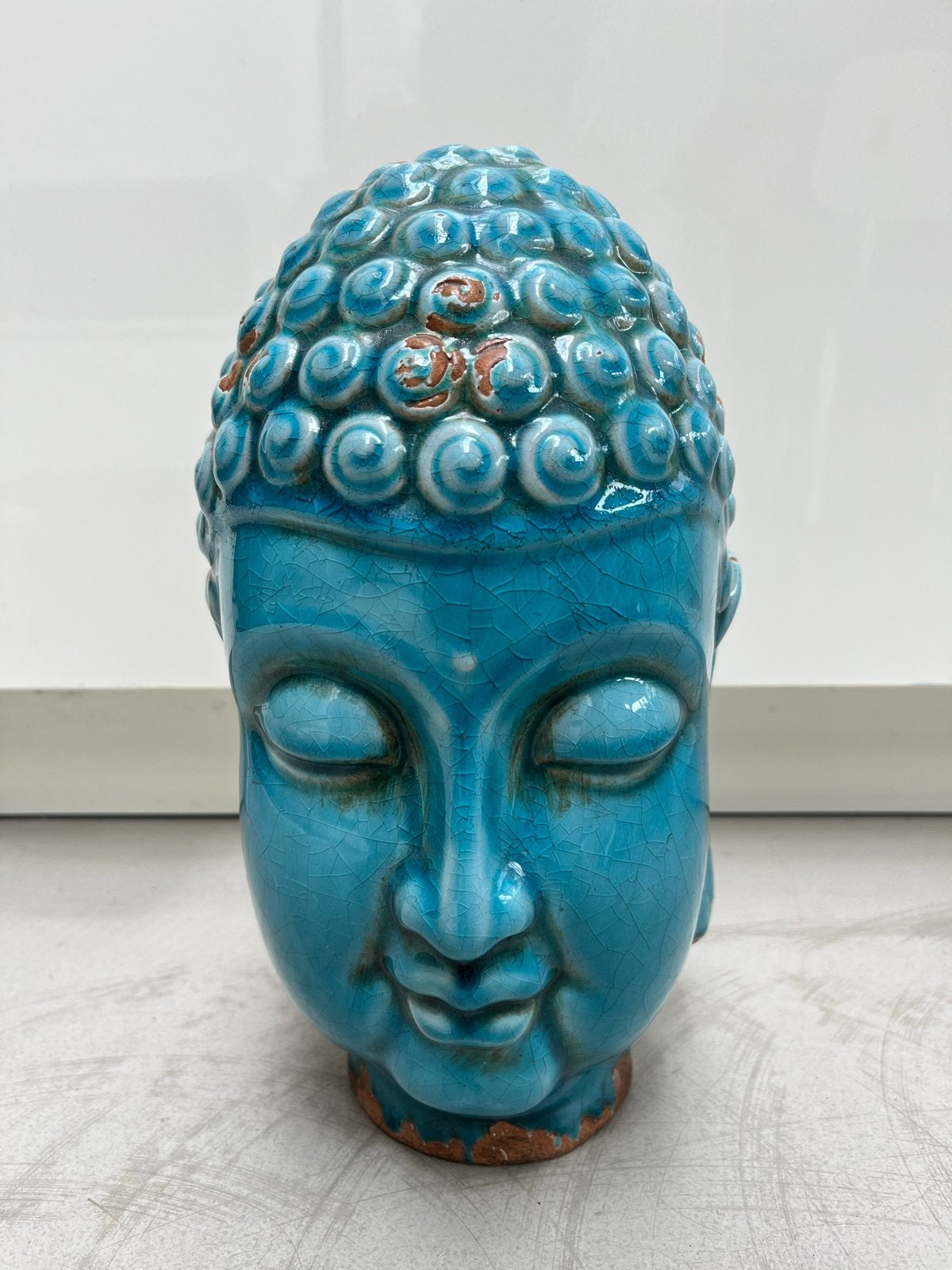 Boeddha hoofd turquoise keramiek, Ophalen, Gebruikt, Steen/keramiek, Blauw