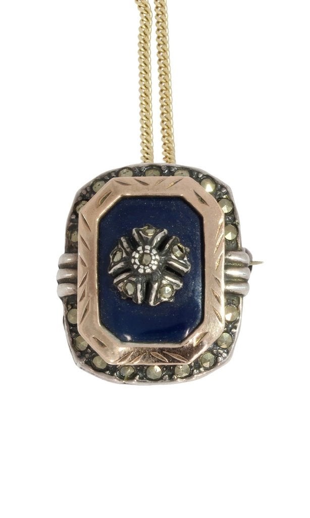 Blauw glas markasiet gouden 14k ketting hanger antiek dames, Verzenden, Goud, Hanger, Met edelsteen