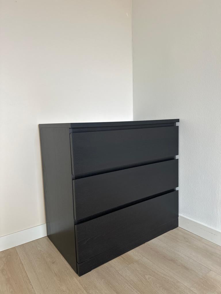 IKEA Malm ladekast zwart met 3 lades, Huis en Inrichting, Kasten | Ladekasten, 3 of 4 laden, Ophalen, Zo goed als nieuw