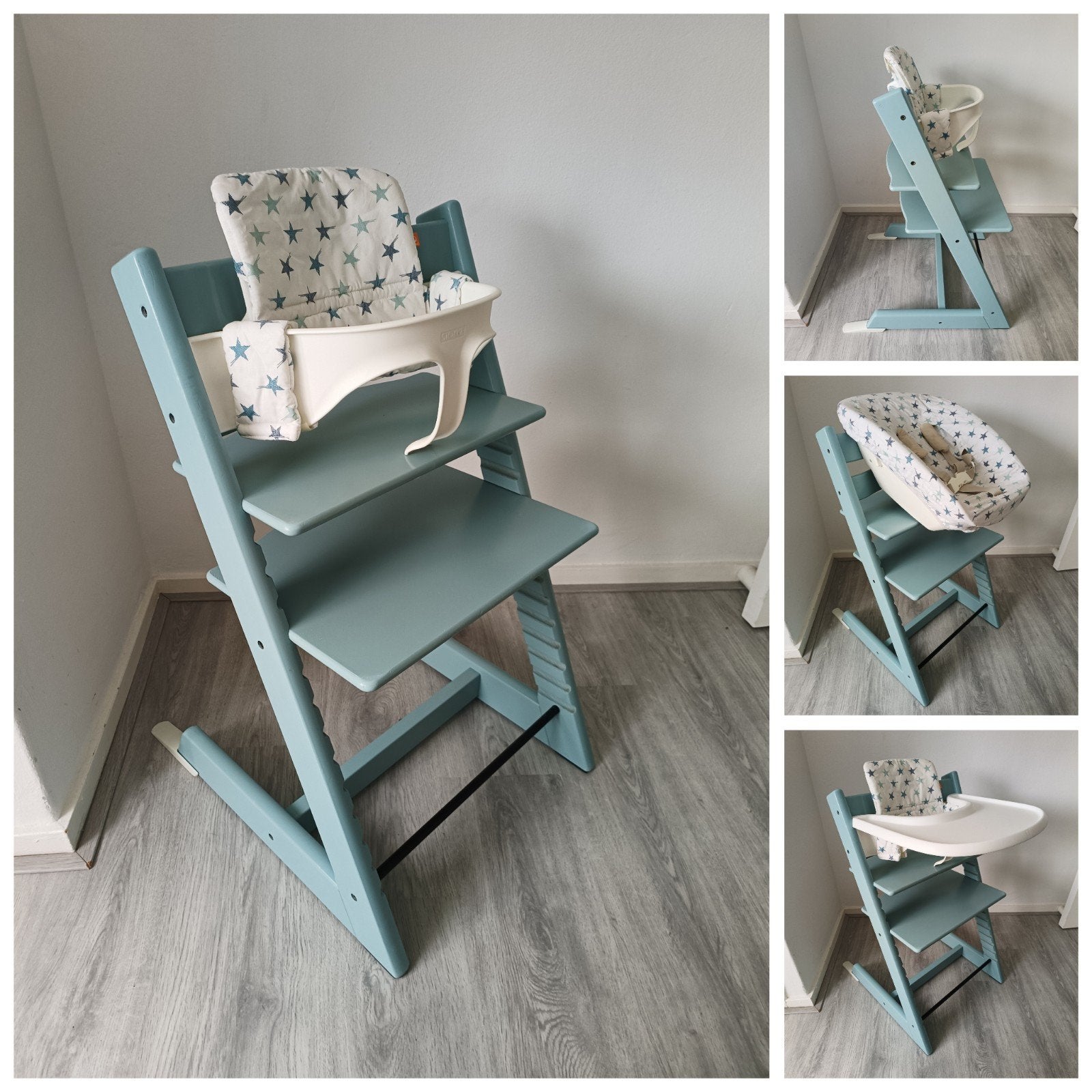 Stokke Tripp Trapp aqua blue+babyset,kussen,newborn evt.tray, Kinderen en Baby's, Meegroeistoel, Ophalen of Verzenden, Zo goed als nieuw