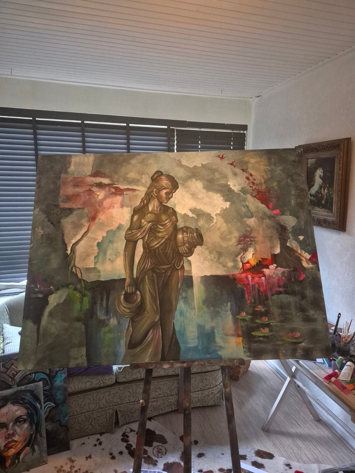 Schilderij met klassieke figuur en waterlelies, Antiek en Kunst, Kunst | Schilderijen | Klassiek, Doek, Portret of Personen, Realistisch