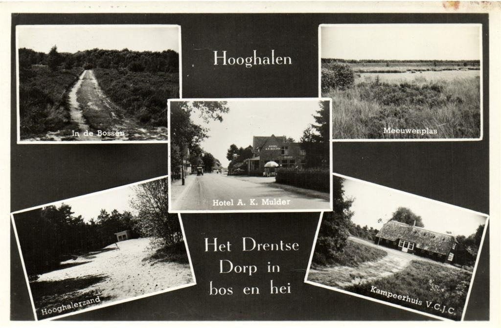 Hooghalen - Het Drentse Dorp in bos en hei - 5 afb - 1954 ge, Ophalen of Verzenden, 1940 tot 1960, Gelopen, Drenthe
