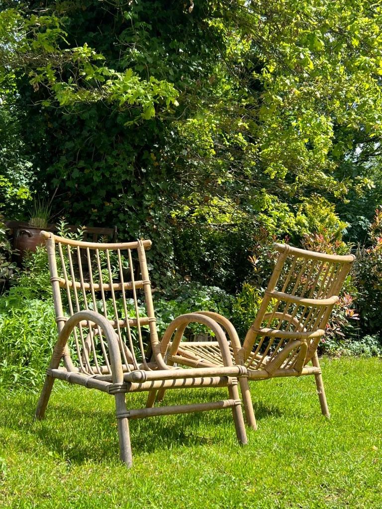 Set van 2 vintage bamboe/rotan tuinstoelen – 90 cm hoog, Ophalen, Zo goed als nieuw, Rotan