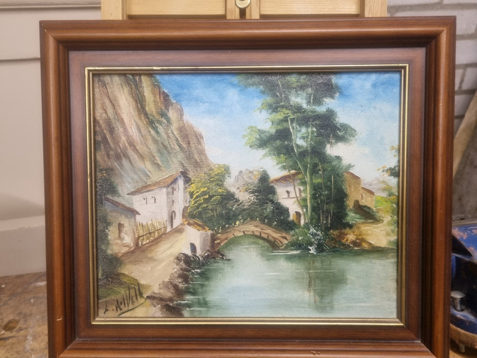 Klassiek olieverf landschap met stenen boogbrug, Doek, Origineel werk, Ophalen of Verzenden, Landschap