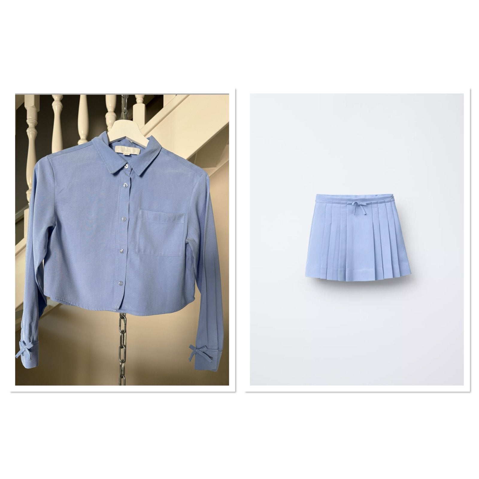 Lichtblauwe blouse met strikjes geplooide rok Zara maat 140, Kinderen en Baby's, Kinderkleding | Maat 140, Ophalen of Verzenden