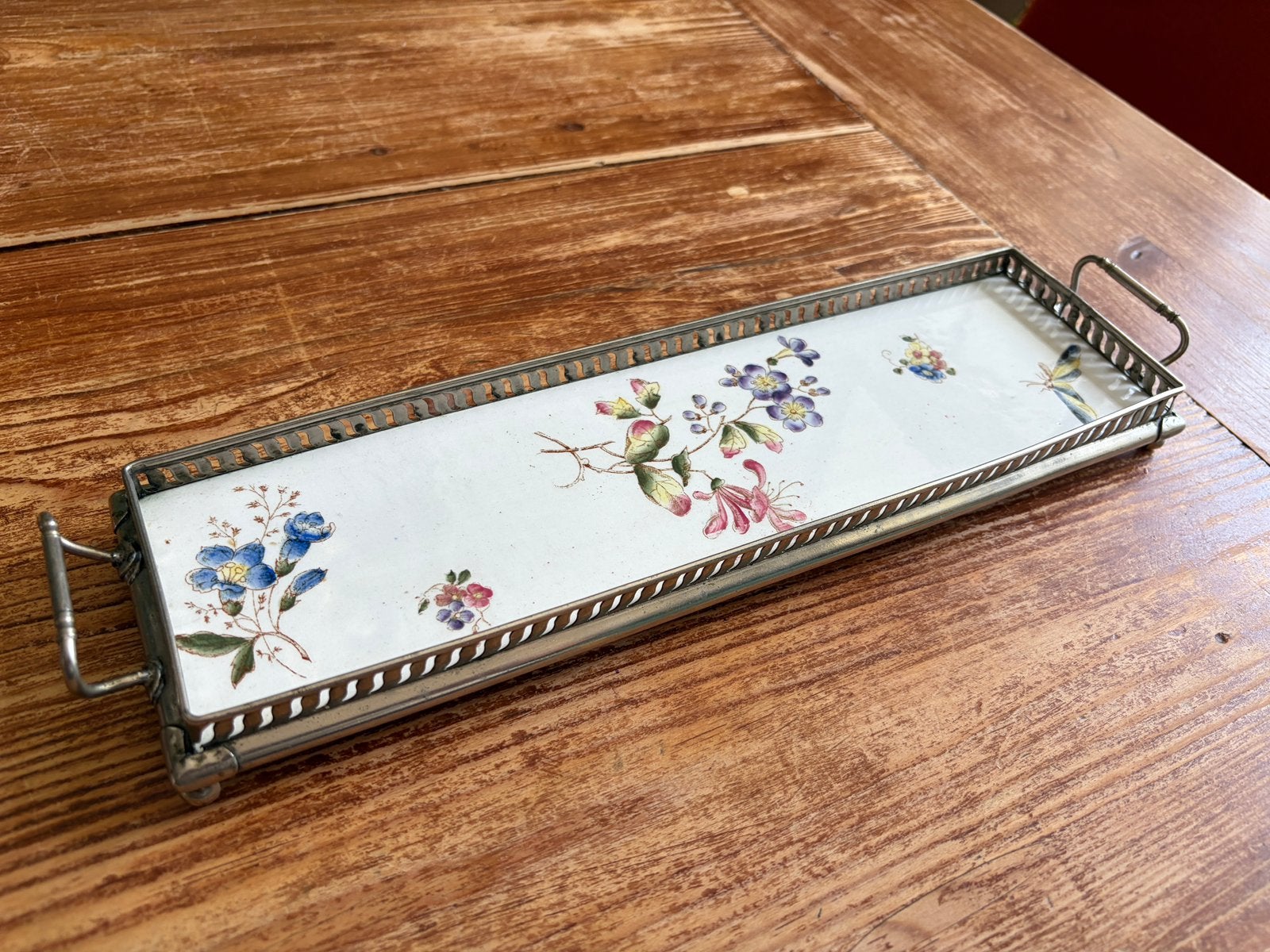 Antiek verzilverd dienblad porseleinen tegel vlinder bloemen, Antiek en Kunst, Ophalen of Verzenden