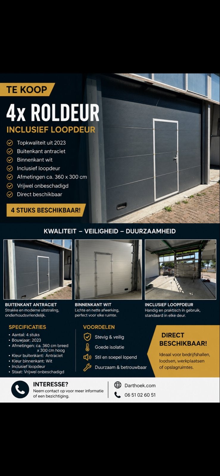 4x Roldeur met loopdeur - Antraciet/Wit - 360x300 cm, Kerkweg7, Garagedeur, Ophalen of Verzenden, Zo goed als nieuw