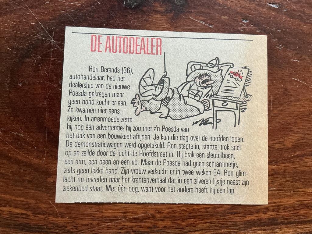 Karikatuur Dik Bruynesteyn De Autodealer krantenartikel 1986, Ophalen of Verzenden, Knipsel(s)