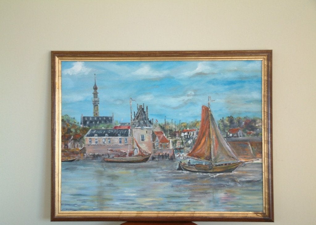 Veere met hoogaars Jac Caljouw schilderijen Arnemuiden, Maritiem / water, Doek, Ophalen of Verzenden, Gesigneerd