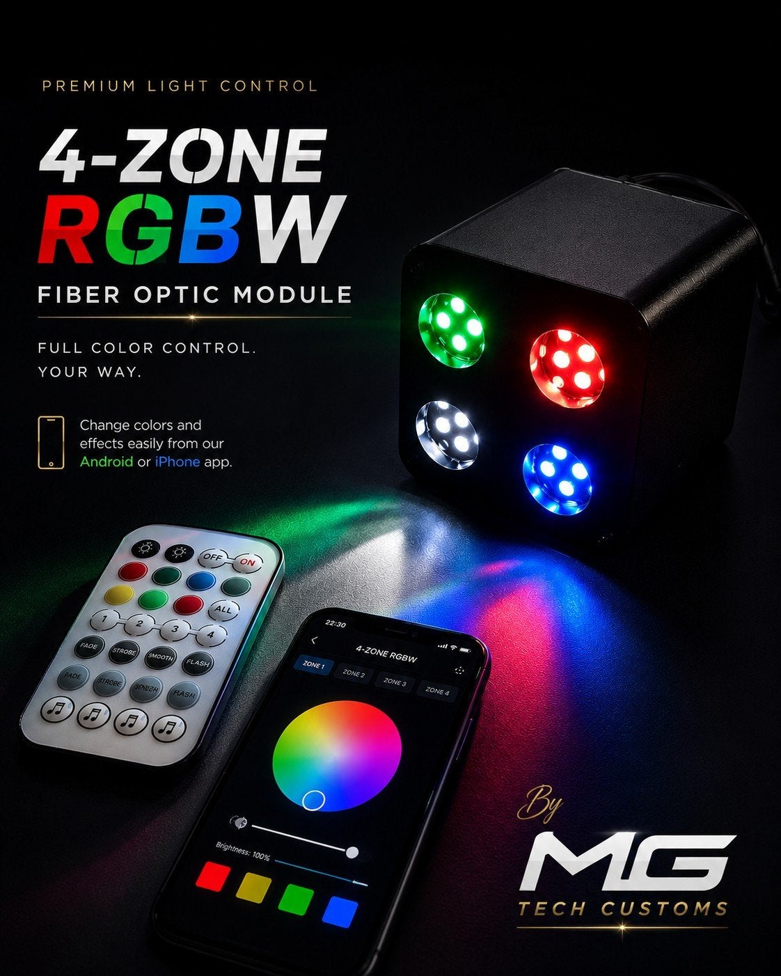 4-ZONE RGBW Glasvezel Module - Premium Lichtregeling, Huis en Inrichting, Lampen | Overige, Overige merken, Kunststof, Meerkleurig