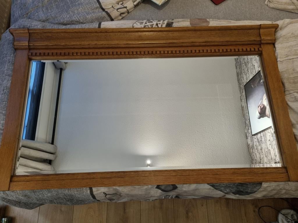 Grenen/licht eikenhout spiegel, Huis en Inrichting, Woonaccessoires | Spiegels, Ophalen, Rechthoekig, Minder dan 100 cm