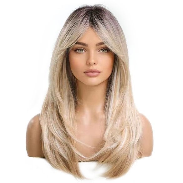Pruik lang steil haar in laagjes met donkere roots model 259, Verzenden, Nieuw, Pruik of Haarverlenging